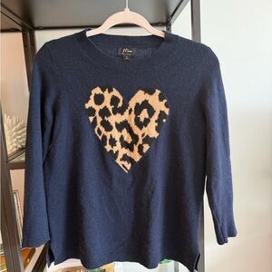 J. Crew Navy Crewneck Sweater with Leopard Heart Motif 100% cashmere